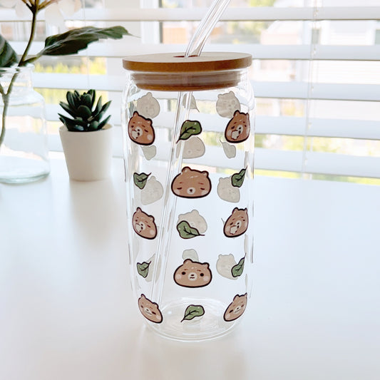 DW011 | Brownee Worried Expressions | Glass Cup with Lid and Straw