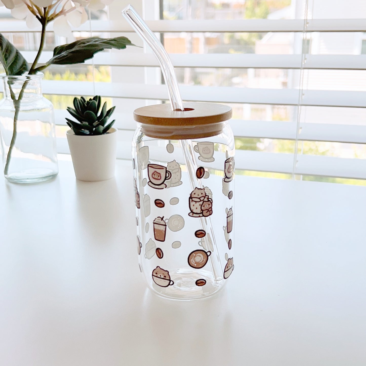 DW013 | Coffee Lover | Glass Cup with Lid and Straw