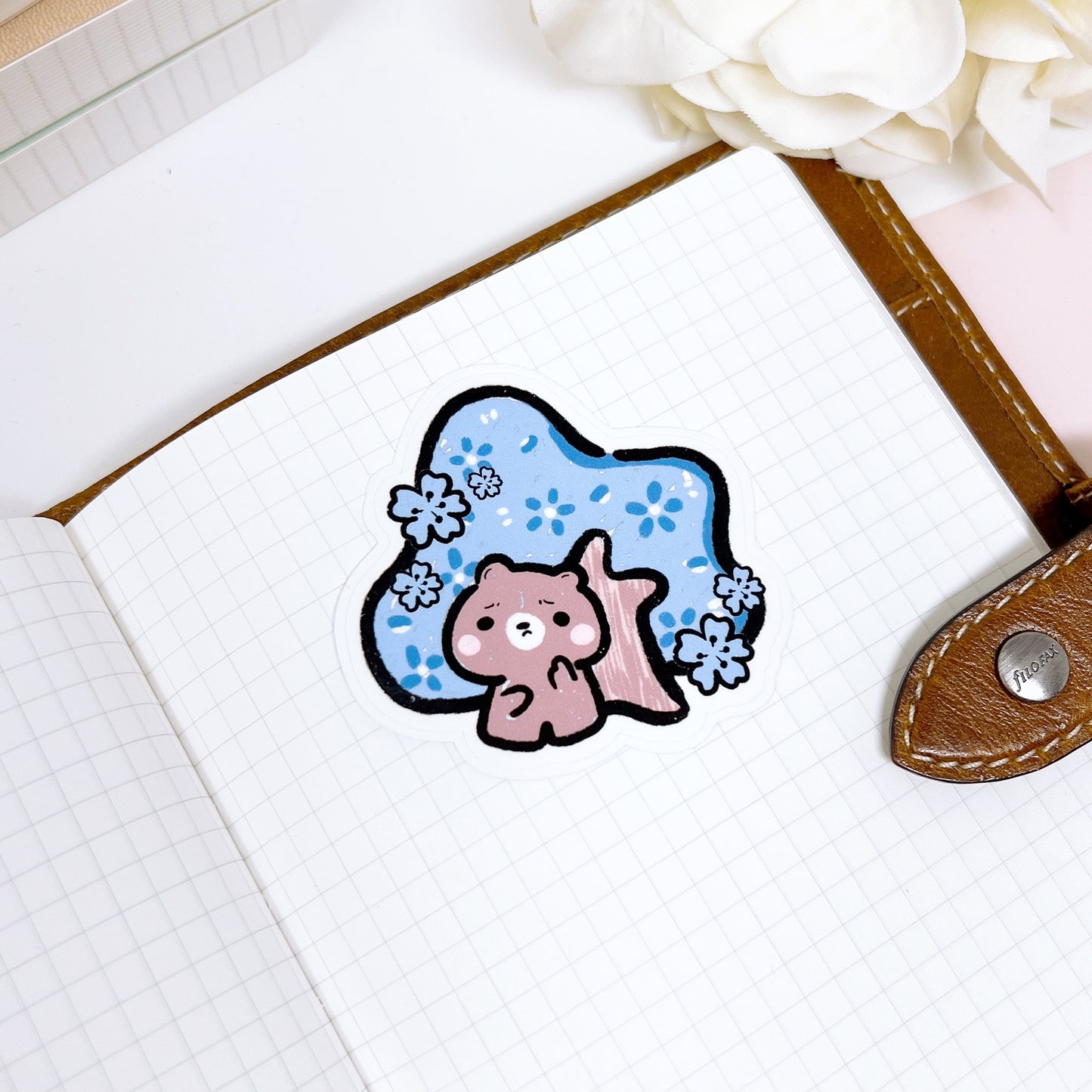 DC018 | Brownee Bear at Cherry Blossom Tree | Diecut Sticker