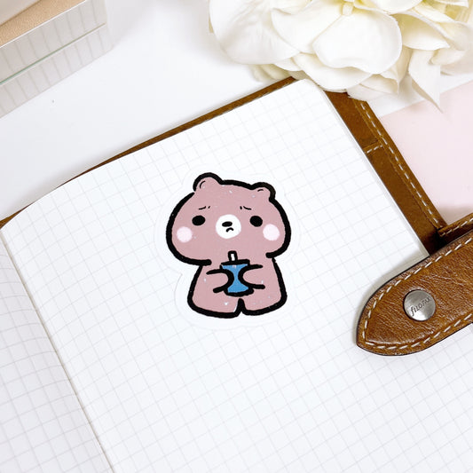 DC020 | Brownee Bear Holding a Straw Cup | Diecut Sticker